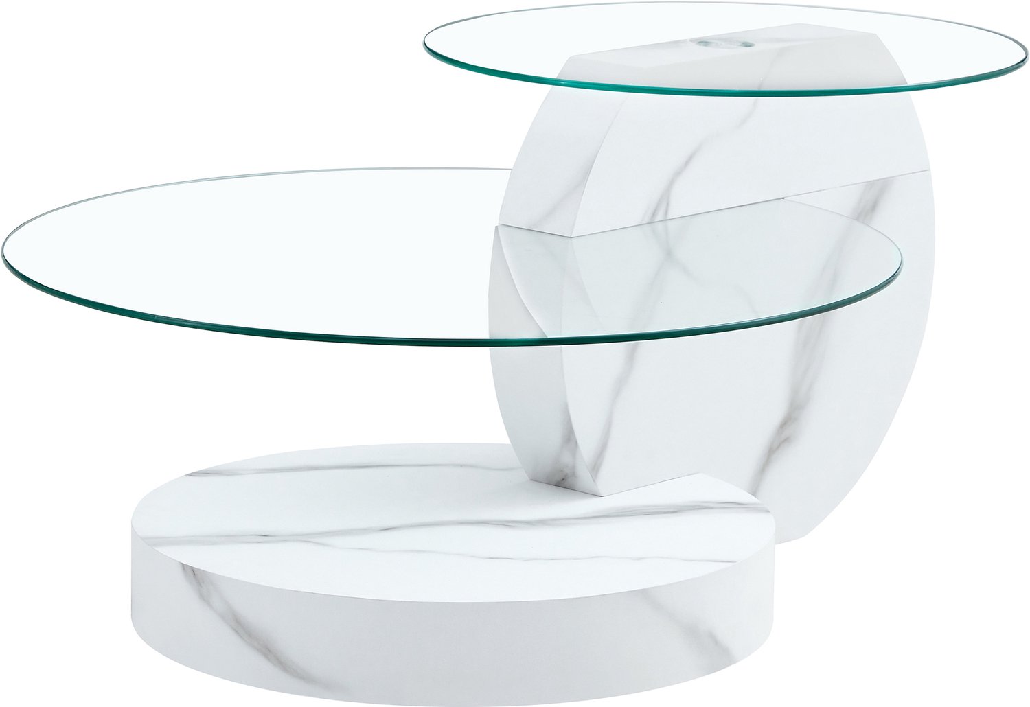 SONNENH Salontafel met 2 ronde glazen bladen - MDF voet in witte marmerlook - 90 x 70 x 44 cm