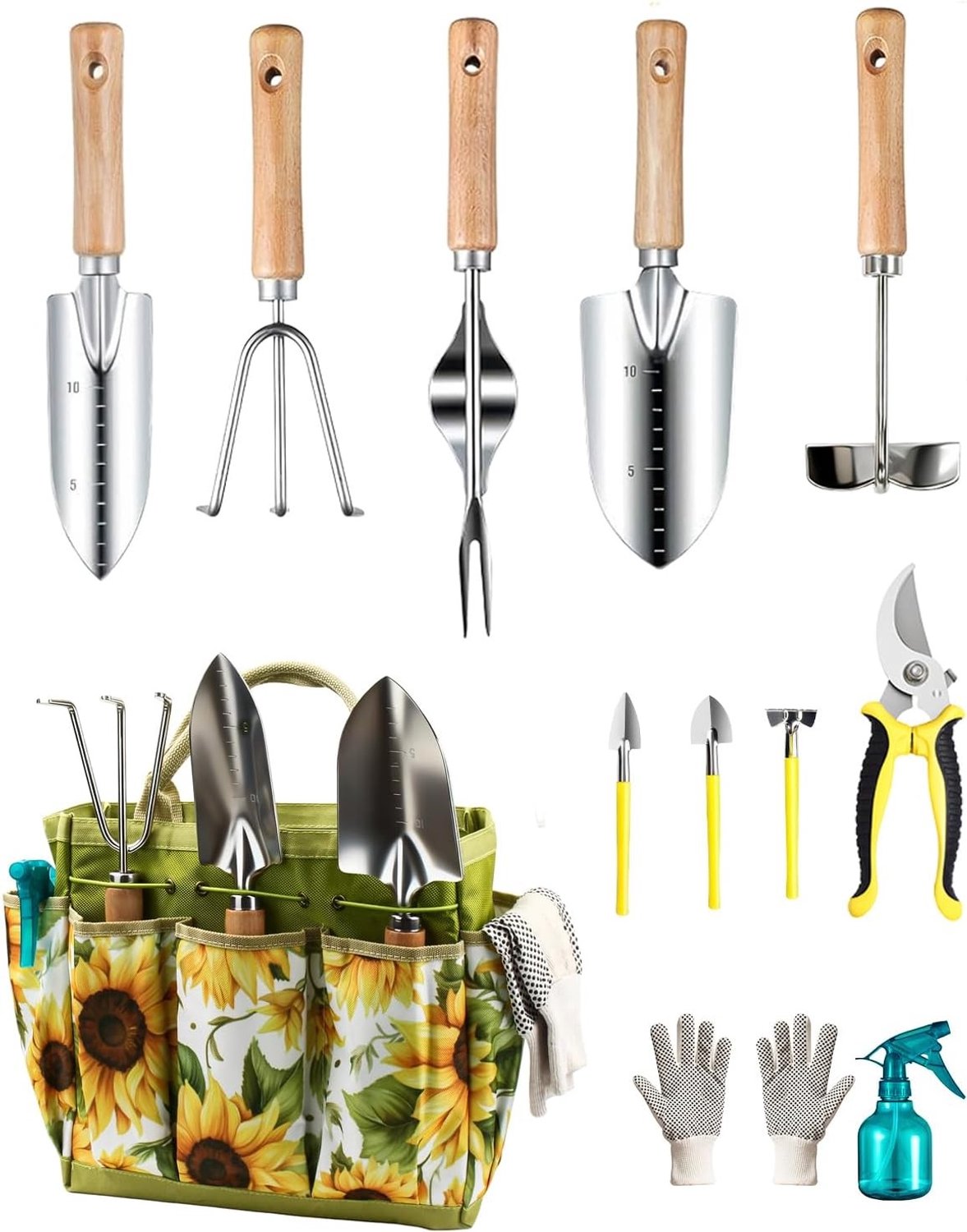 Complete Tuinset met 12 Stalen Tuinwerktools, Antislip Houten Handvatten en Waterdichte Opbergtas voor Tuinieren