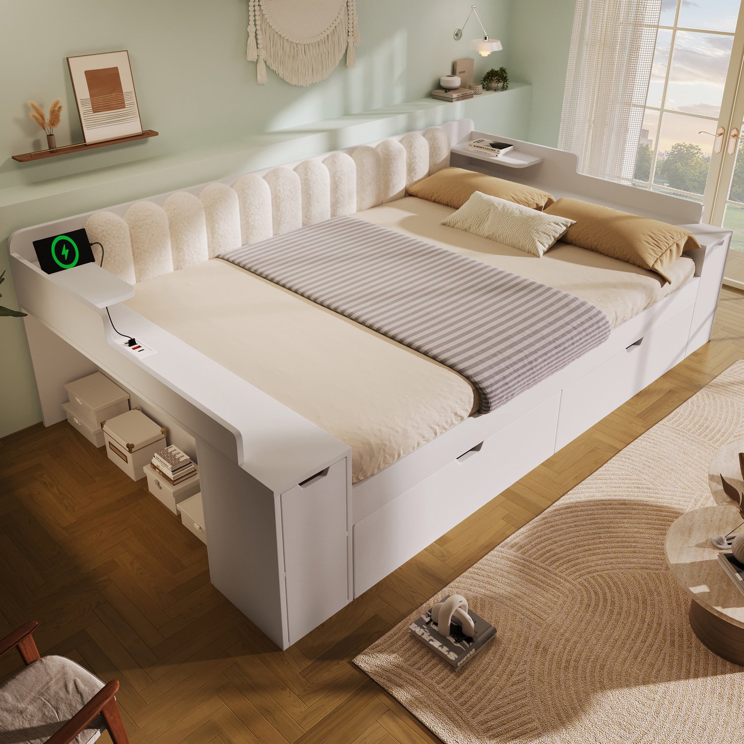 WUVRIE Bedbank 140x190 cm - 2 lades, opbergruimte en USB- en USB-C-laadpunten - Wit