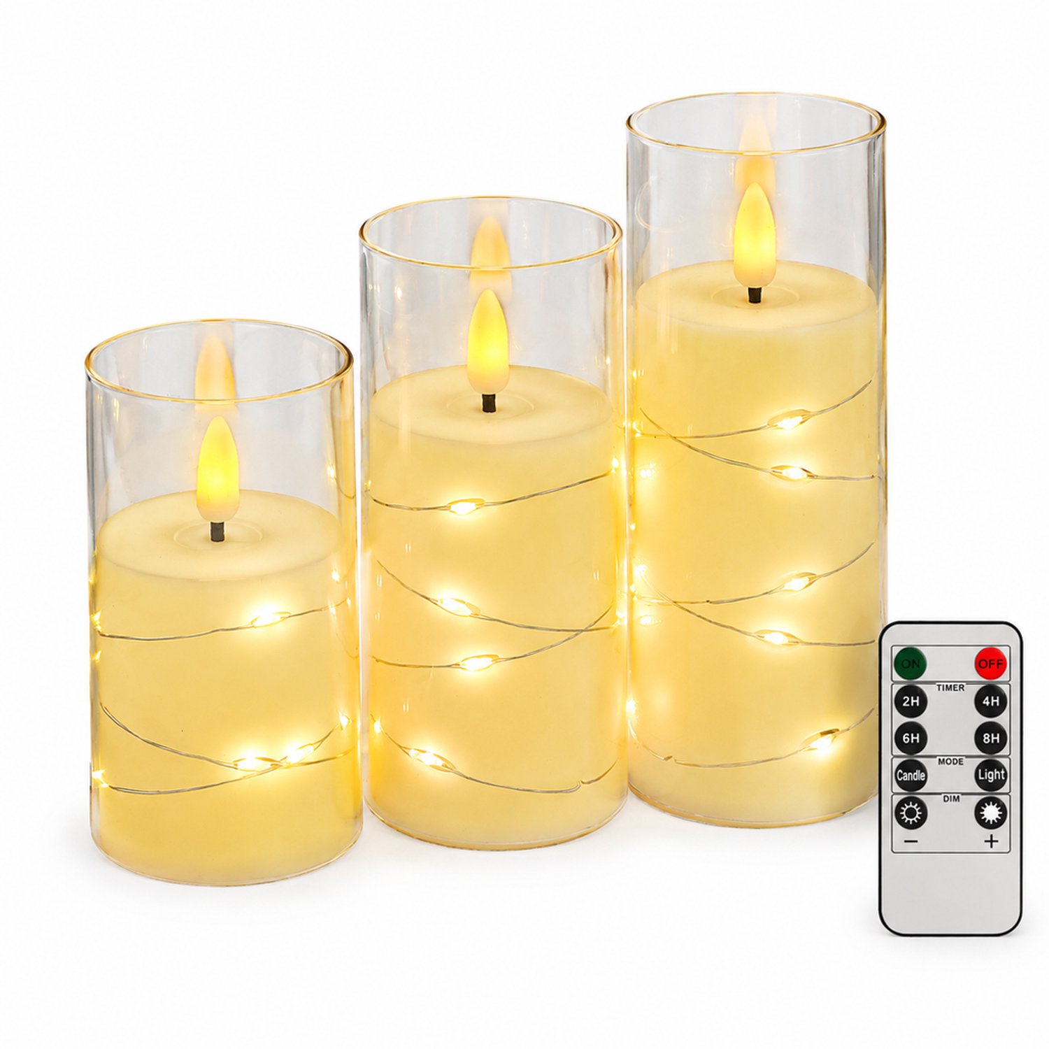 SWGOTA led kaarsen set van 3, ivoor, transparante kap en lichtsnoer, met afstandsbediening, diameter 5,5 cm, hoogtes 10/12,5/15 cm