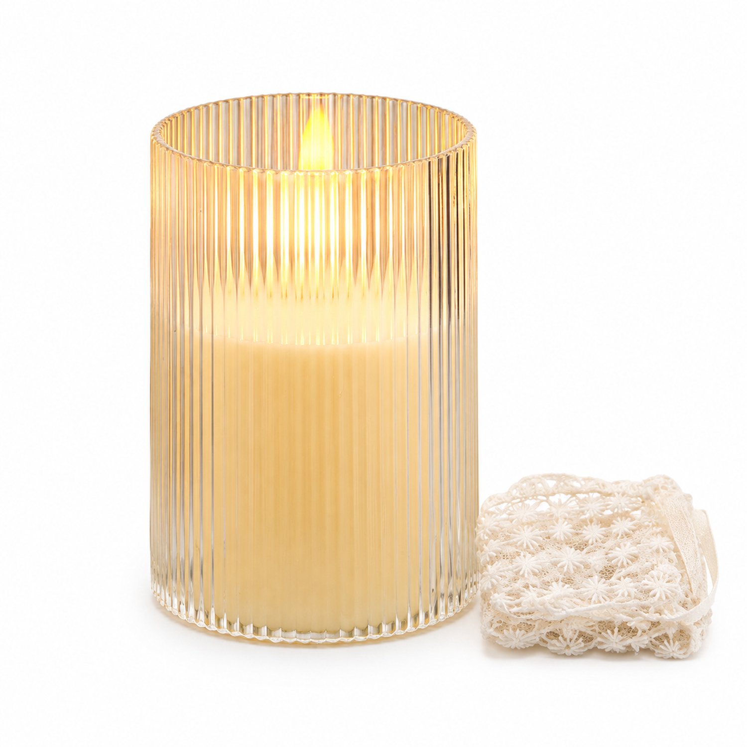 SWGOTA Sfeerdecoratie met led kaarsen: ivoorwitte kaarslamp met verticale ribbels en warm licht, 8 x 10 cm