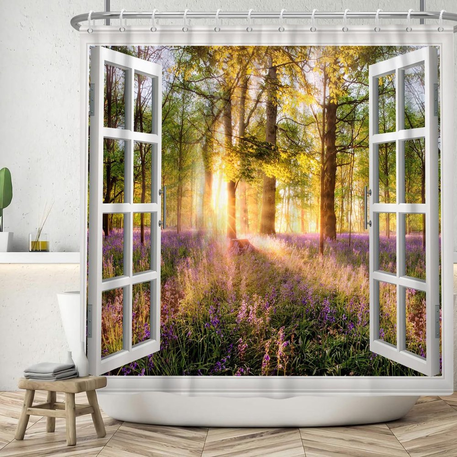 Raamdecoratie Douchegordijn - Lente Paars Bloemen en Groene Bos (180x180 cm)