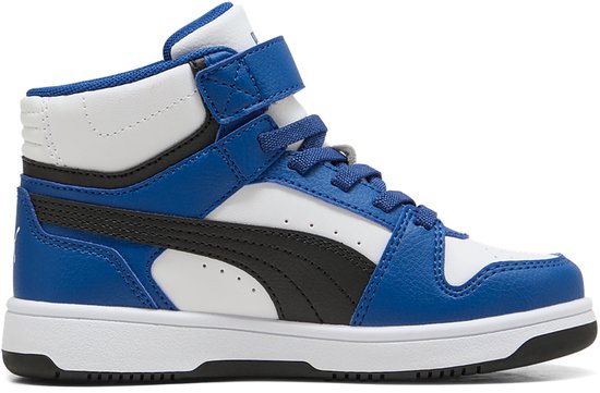 PUMA Rebound Slam Mid sneaker in blauw, wit en zwart met veters en klittenbandsluiting.