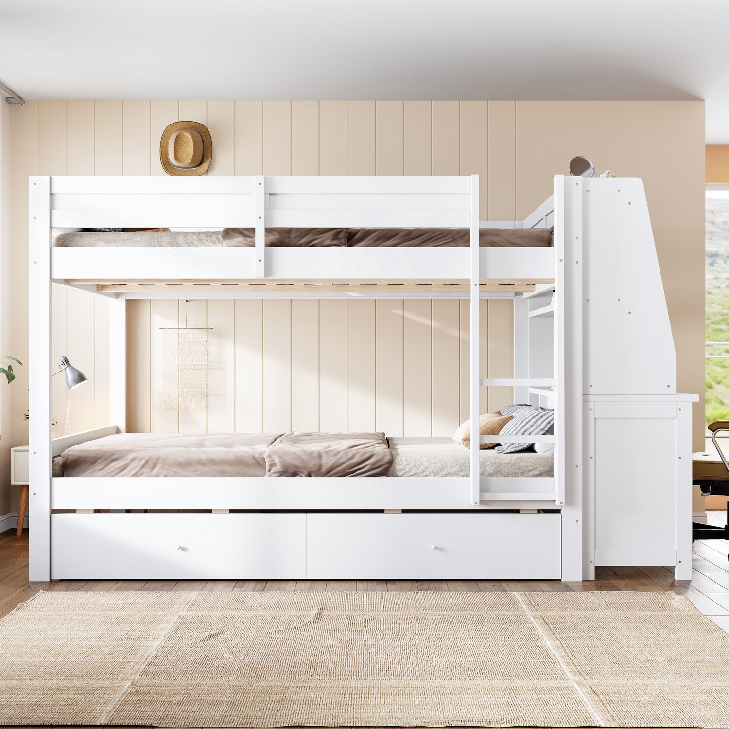 WUVRIE Stapelbed 140x200 cm - Met bureau, opbergruimte en 2 bedlades - Wit