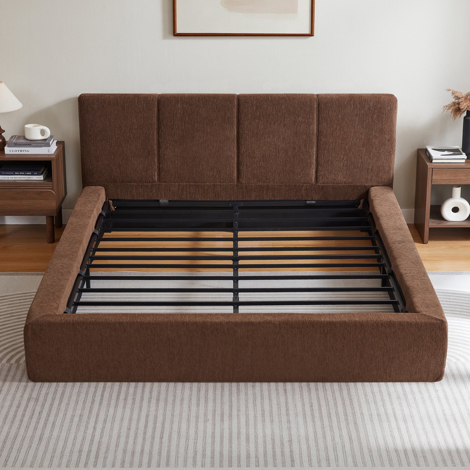 WUVRIE Bedframe 160x200 cm - Gestoffeerd hoofdbord en versterkt stalen frame - Bruin