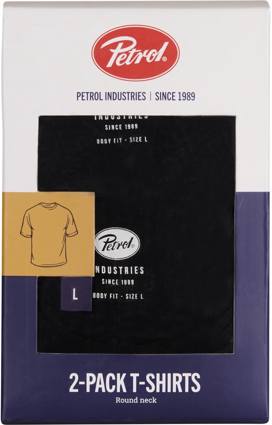 Zwarte Petrol Industries 2-pack t-shirts met ronde hals, maat L, verpakt in een witte en donkerblauwe doos.