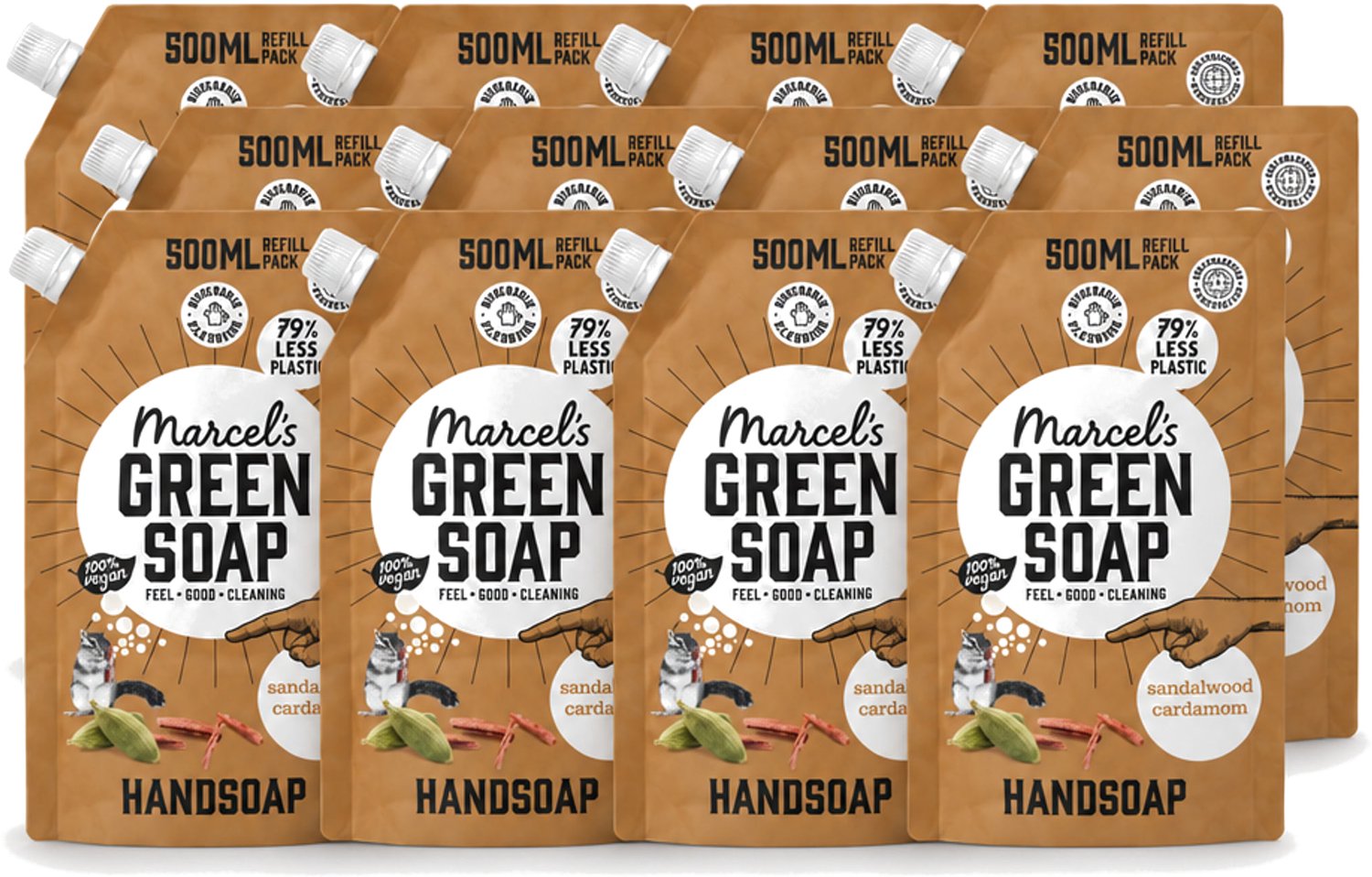 12 x Marcel’s Green Soap – Handzeep Navulling – Sandelhout & Kardemom – 500 ml - Voordeelverpakking - 12 stuks