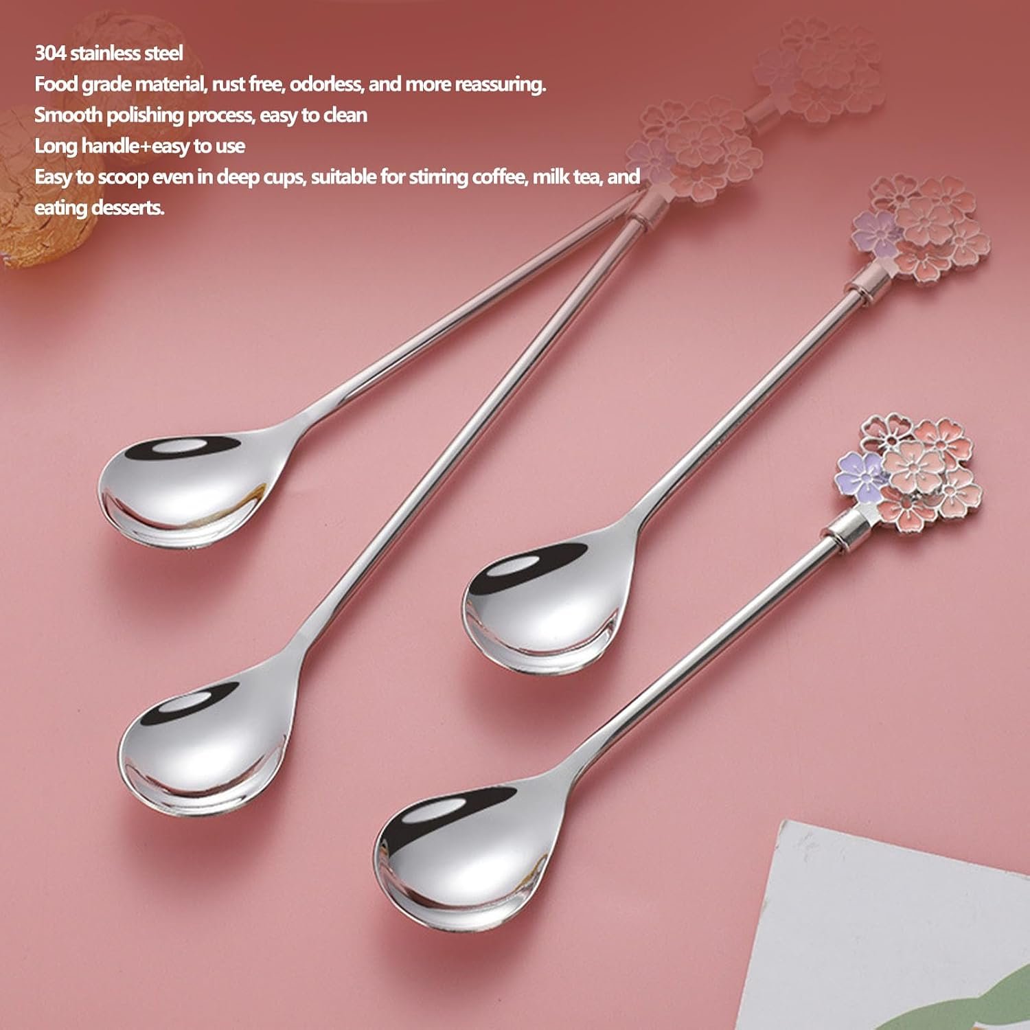 Rvs Koffielepel Set Met Lange Steel Stijlvolle 5 Stuks Dessertlepels Voor Thuis Keuken 7.76x1.10in (SILVER)