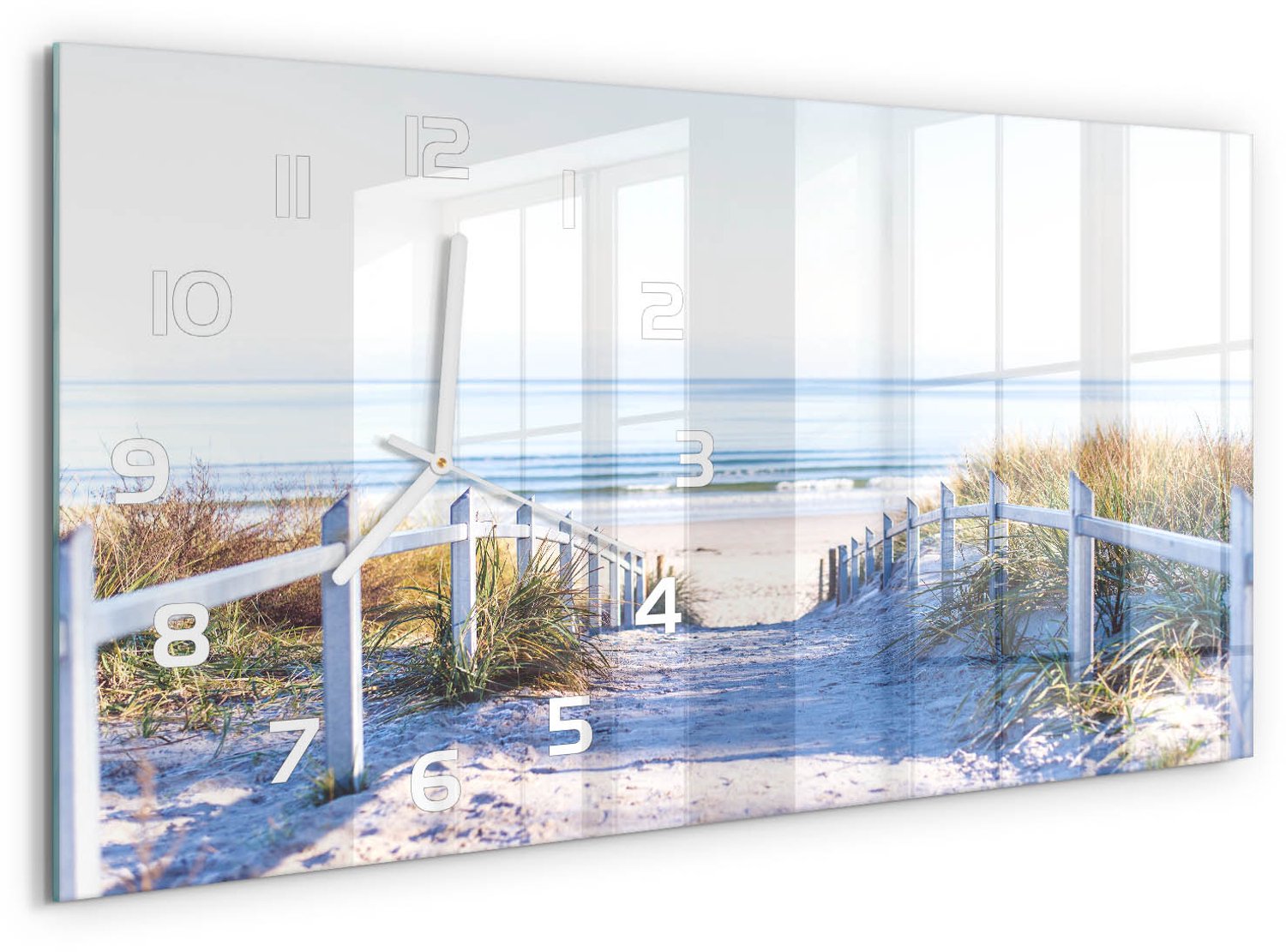 TULUP Wandklok - Kustduinen Gekleurde Glazen Klok - 60x30 cm - Beige Glazen Klok Met Print - Witte handen - Rechthoekige Klok - Moderne Wandklok Glas - Wandklok Glas Decoratie