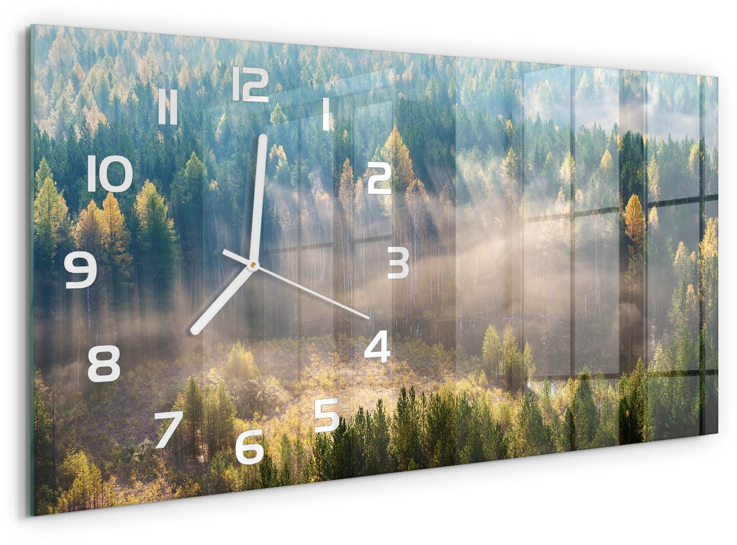 TULUP Wandklok - Mist in het bos Moderne Wandklok Glas - 60x30 cm - Groente Wandklok Glas Decoratie - Witte handen - Rechthoekige Klok - Glazen Wandklok Design - Klok Glas Met Opdruk