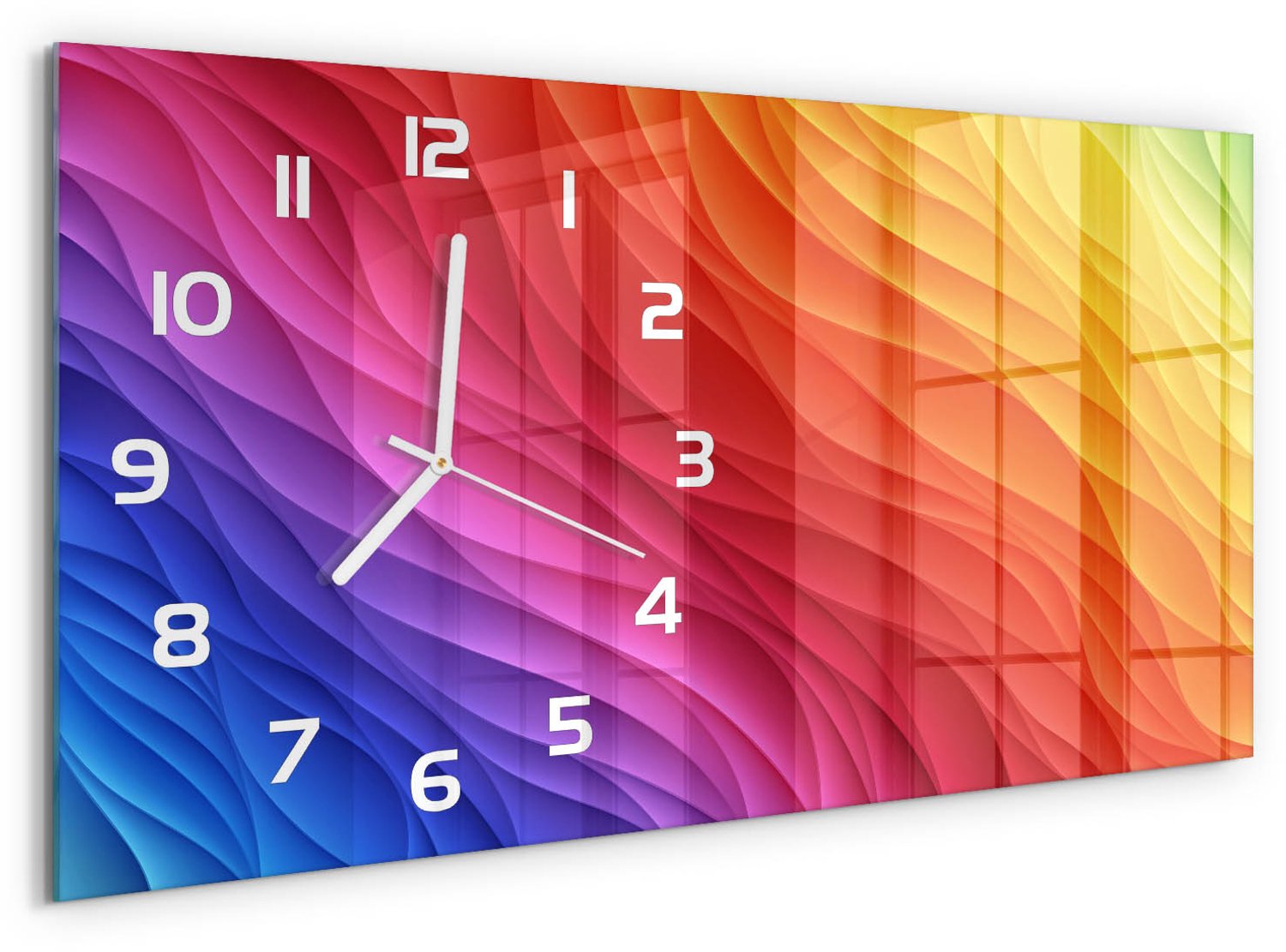 TULUP Wandklok - Kleurrijke golven Wandklok Glas Met Motief - 60x30 cm - Veelkleurig Decoratieve Glazen Klok - Witte handen - Rechthoekige Klok - Gekleurde Glazen Klok - Glazen Klok Met Print