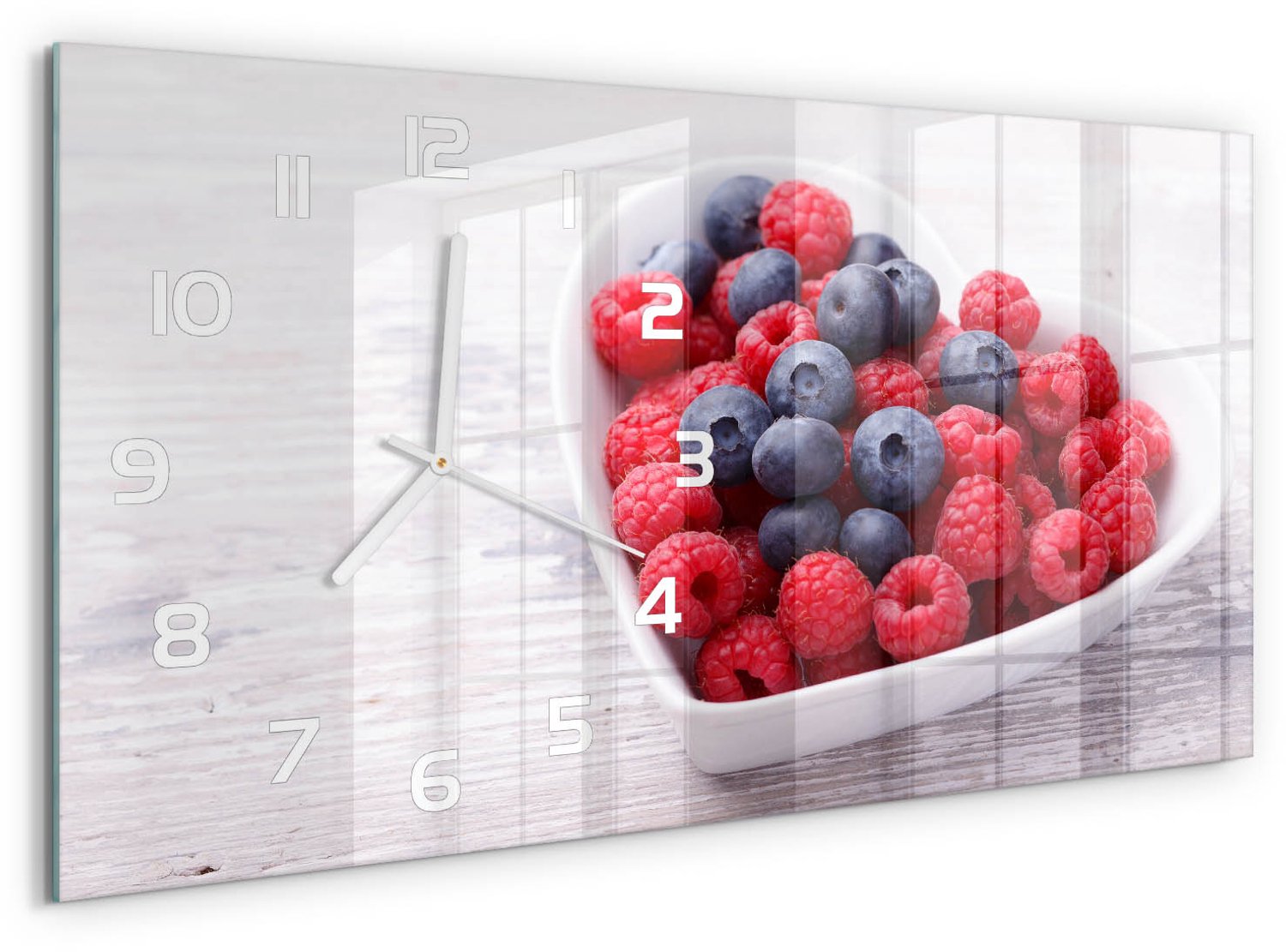 TULUP Wandklok - Frambozen en bosbessen Decoratieve Glazen Klok - 60x30 cm - Rood Glazen Wandklok Design - Witte handen - Rechthoekige Klok - Glazen Klok Met Print - Wandklok Glas Met Motief