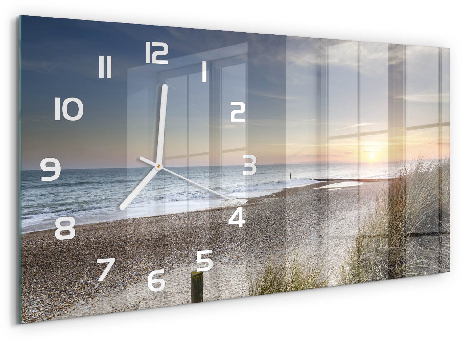 TULUP Wandklok - Zonsondergang en duinen Glazen Klok Met Print - 60x30 cm - Beige Wandklok Glas Met Motief - Witte handen - Rechthoekige Klok - Wandklok Glas Decoratie - Gekleurde Glazen Klok