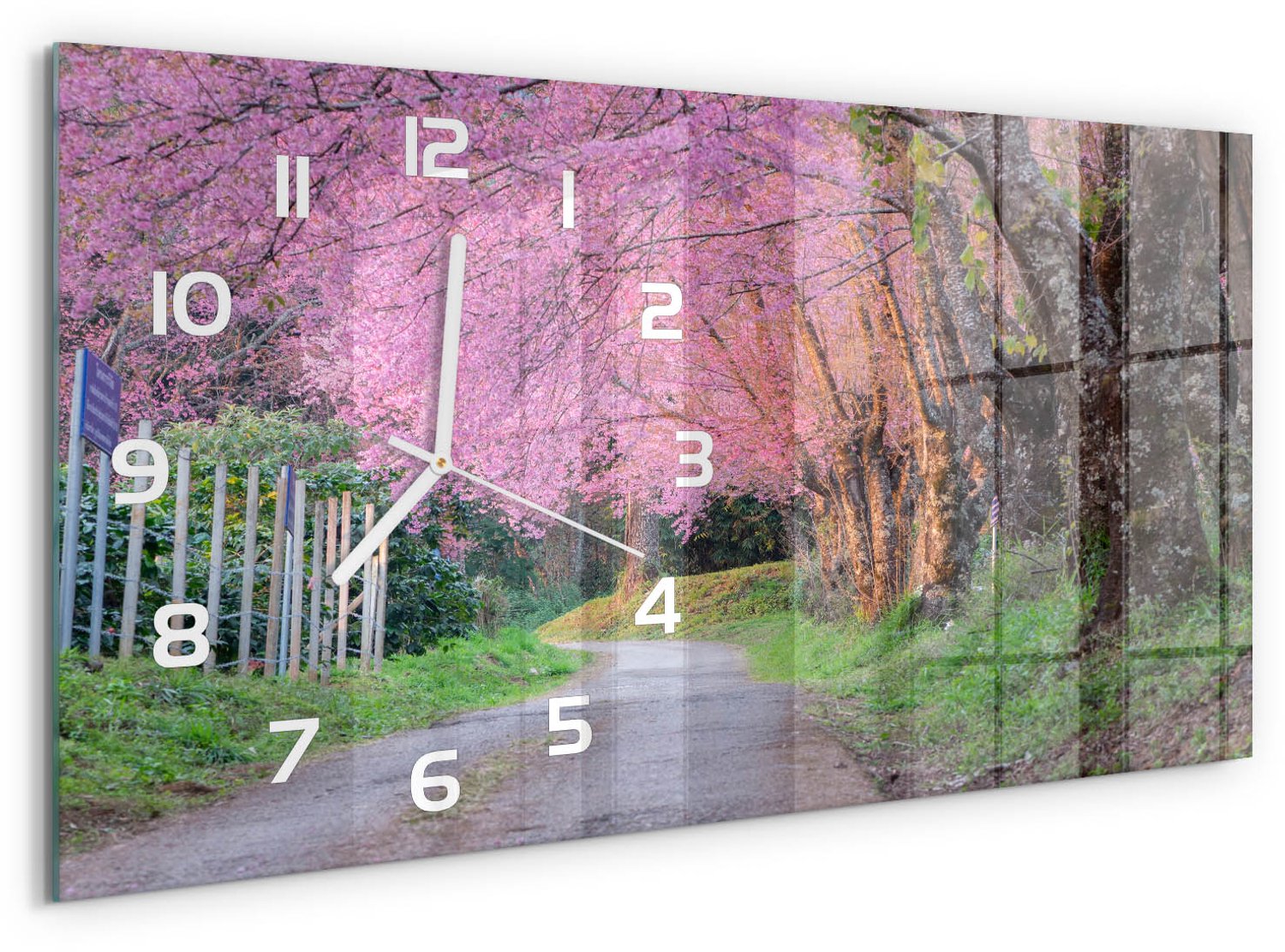 TULUP Wandklok - Kersenbloesem Klok Glas Met Opdruk - 60x30 cm - Roze Moderne Wandklok Glas - Witte handen - Rechthoekige Klok - Decoratieve Glazen Klok - Glazen Wandklok Design