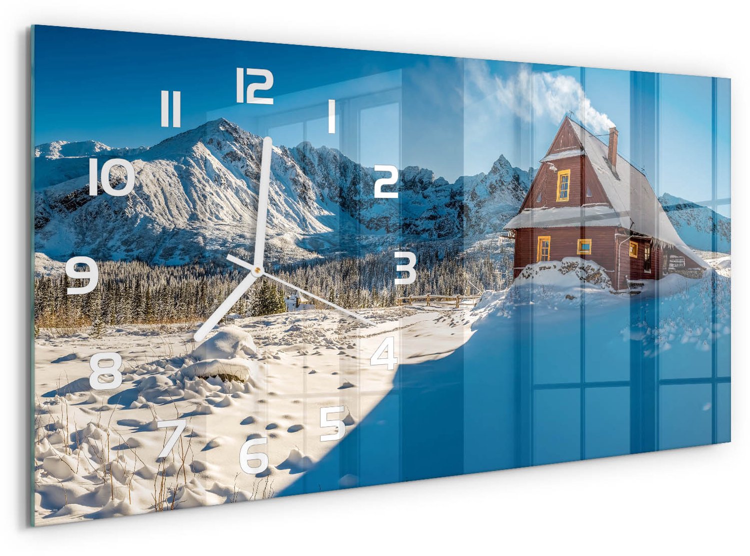 TULUP Wandklok - Huis in de bergen Wandklok Glas Decoratie - 60x30 cm - Blauw Gekleurde Glazen Klok - Witte handen - Rechthoekige Klok - Klok Glas Met Opdruk - Moderne Wandklok Glas