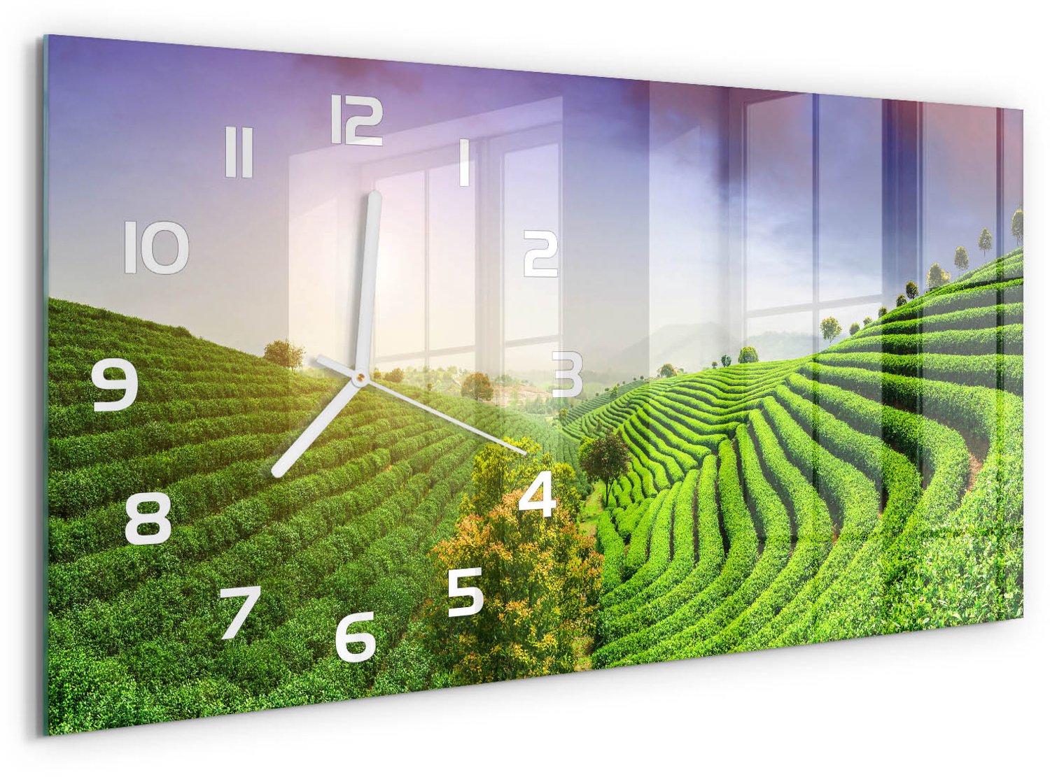 TULUP Wandklok - Theeplantage Decoratieve Glazen Klok - 60x30 cm - Groente Glazen Wandklok Design - Witte handen - Rechthoekige Klok - Glazen Klok Met Print - Wandklok Glas Met Motief