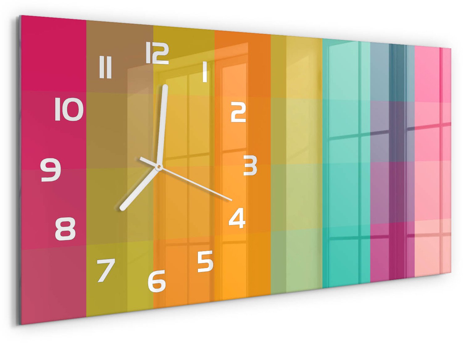 TULUP Wandklok - Kleurrijke vierkanten Decoratieve Glazen Klok - 60x30 cm - Veelkleurig Glazen Wandklok Design - Witte handen - Rechthoekige Klok - Glazen Klok Met Print - Wandklok Glas Met Motief