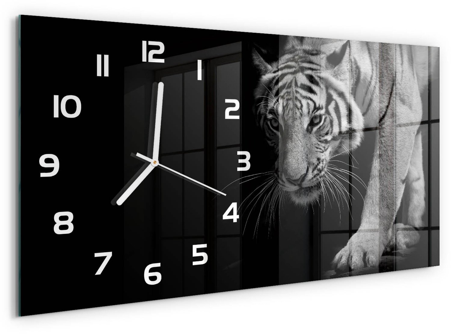 TULUP Wandklok - Tijger Moderne Wandklok Glas - 60x30 cm - Zwart-wit Wandklok Glas Decoratie - Witte handen - Rechthoekige Klok - Glazen Wandklok Design - Klok Glas Met Opdruk