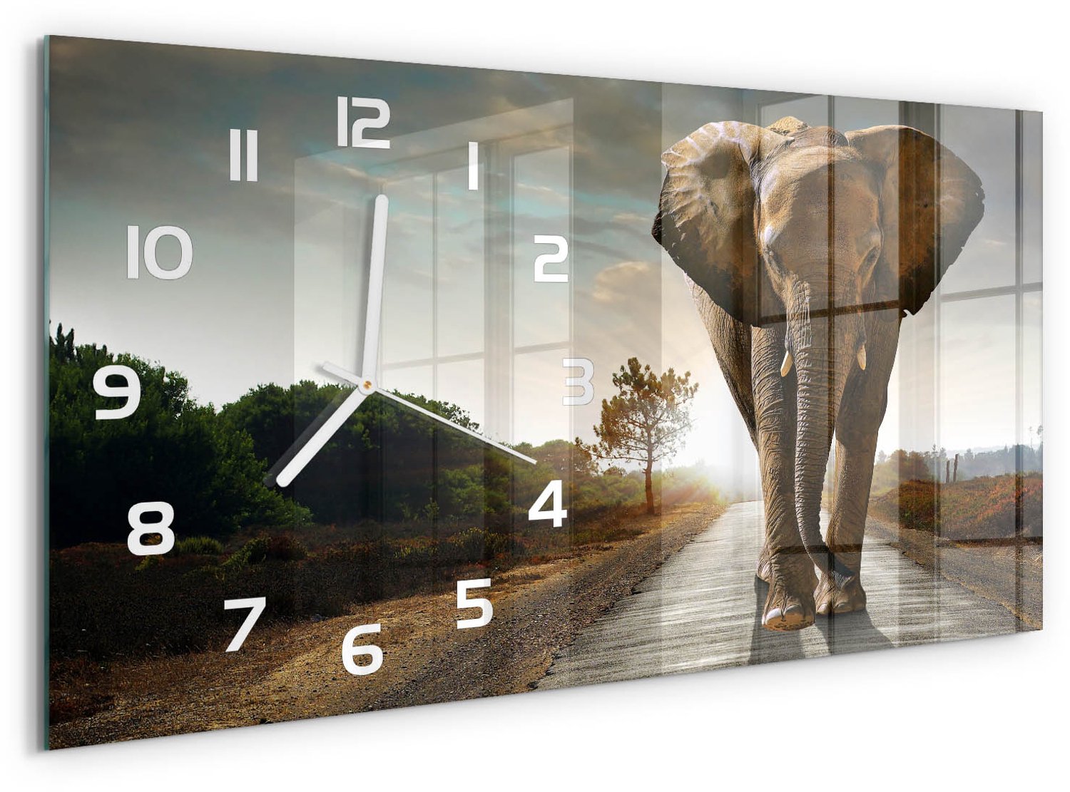 TULUP Wandklok - Wandelende olifant Klok Glas Met Opdruk - 60x30 cm - Bruin Moderne Wandklok Glas - Witte handen - Rechthoekige Klok - Decoratieve Glazen Klok - Glazen Wandklok Design