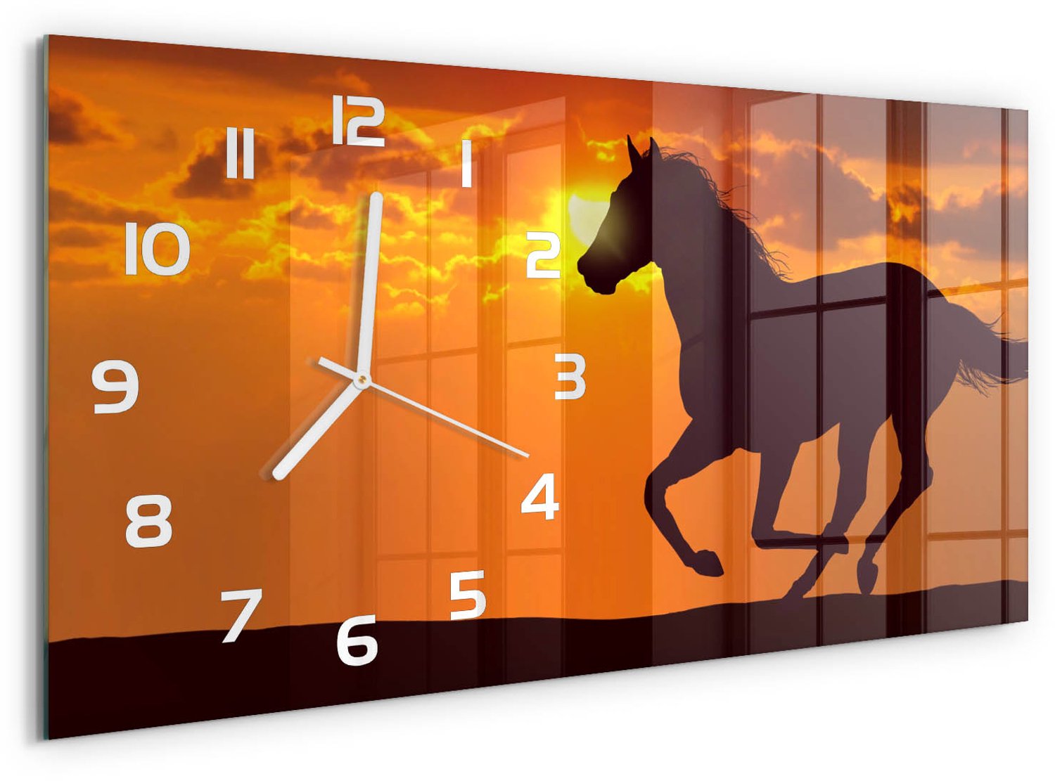 TULUP Wandklok - Zonsondergangpaard Moderne Wandklok Glas - 60x30 cm - Oranje Wandklok Glas Decoratie - Witte handen - Rechthoekige Klok - Glazen Wandklok Design - Klok Glas Met Opdruk