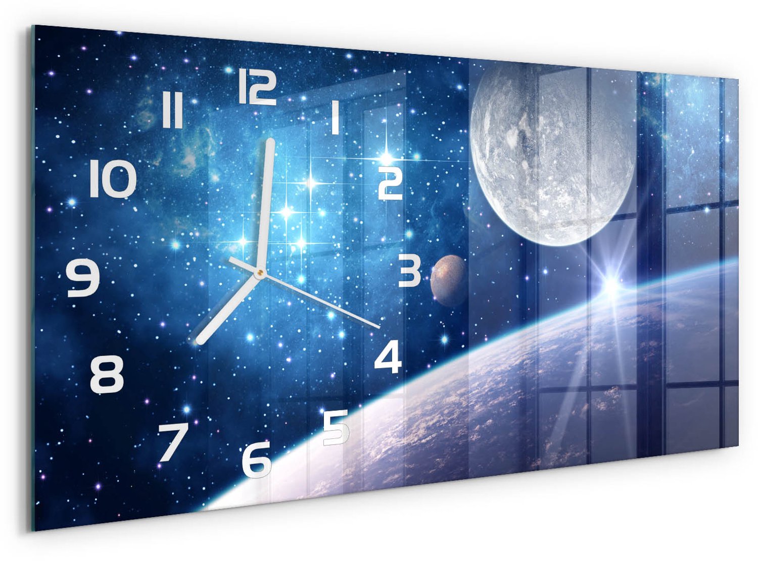 TULUP Wandklok - Maan Wandklok Glas Decoratie - 60x30 cm - Blauw Gekleurde Glazen Klok - Witte handen - Rechthoekige Klok - Klok Glas Met Opdruk - Moderne Wandklok Glas