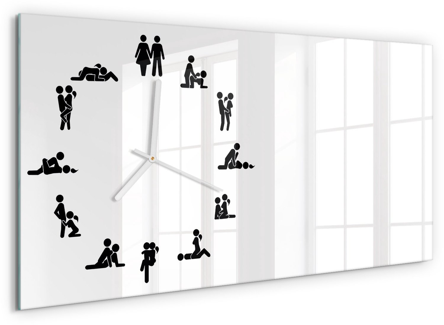 TULUP Wandklok - Kama Sutra Wandklok Glas Met Motief - 60x30 cm - Wit Decoratieve Glazen Klok - Witte handen - Rechthoekige Klok - Gekleurde Glazen Klok - Glazen Klok Met Print