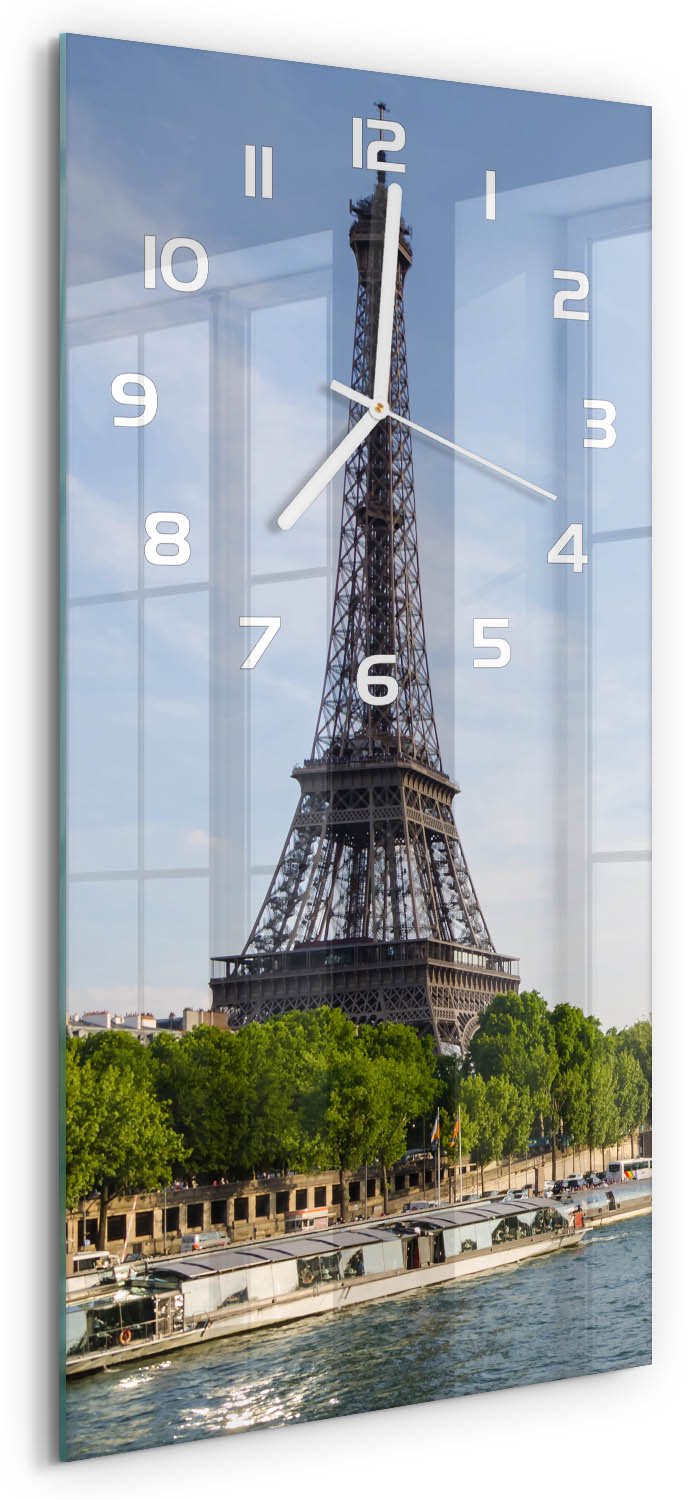 Tulup Wandklok - Eiffeltoren Parijs Wandklok Glas Met Motief - 30x60 cm - Blauw Decoratieve Glazen Klok - Witte handen - Rechthoekige Klok - Gekleurde Glazen Klok - Glazen Klok Met Print
