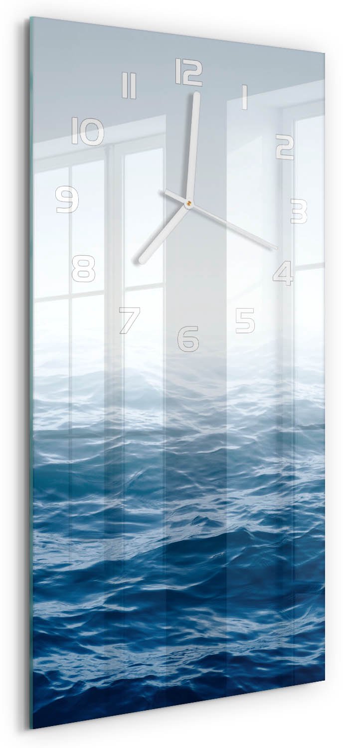 Tulup Wandklok - Oceaangolven Wandklok Glas Met Motief - 30x60 cm - Blauw Decoratieve Glazen Klok - Witte handen - Rechthoekige Klok - Gekleurde Glazen Klok - Glazen Klok Met Print