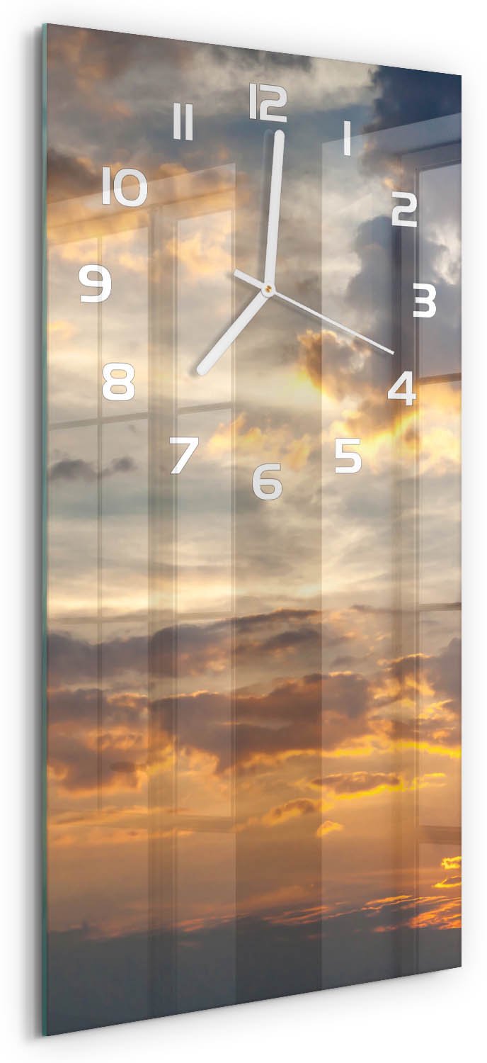 Tulup Wandklok - Zonsondergang Wandklok Glas Met Motief - 30x60 cm - Oranje Decoratieve Glazen Klok - Witte handen - Rechthoekige Klok - Gekleurde Glazen Klok - Glazen Klok Met Print