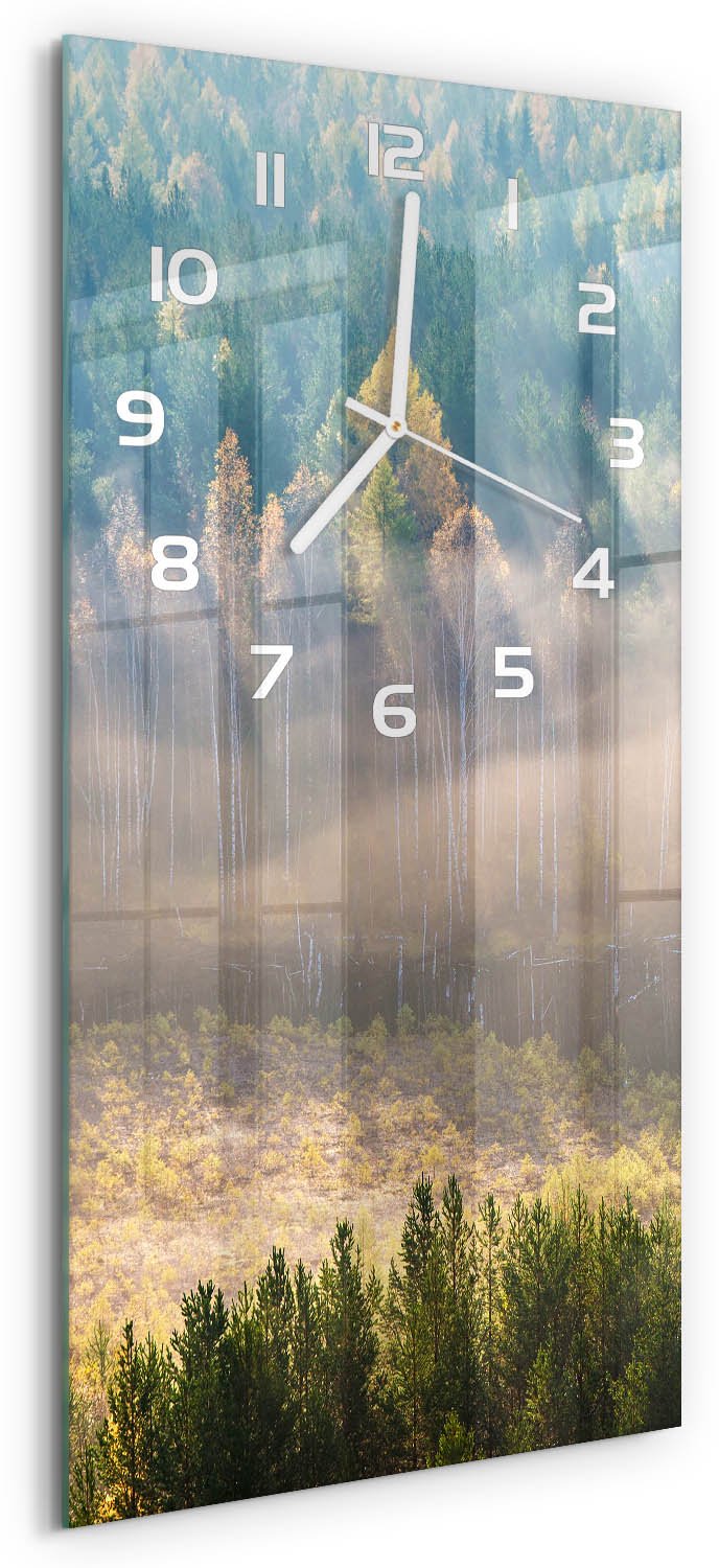Tulup Wandklok - Mist in het bos Klok Glas Met Opdruk - 30x60 cm - Groente Moderne Wandklok Glas - Witte handen - Rechthoekige Klok - Decoratieve Glazen Klok - Glazen Wandklok Design
