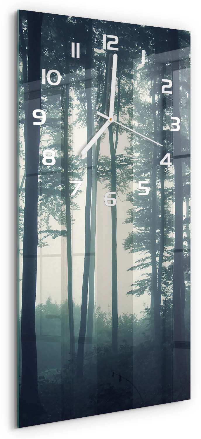 Tulup Wandklok - Mist in het bos Gekleurde Glazen Klok - 30x60 cm - Zwart Glazen Klok Met Print - Witte handen - Rechthoekige Klok - Moderne Wandklok Glas - Wandklok Glas Decoratie