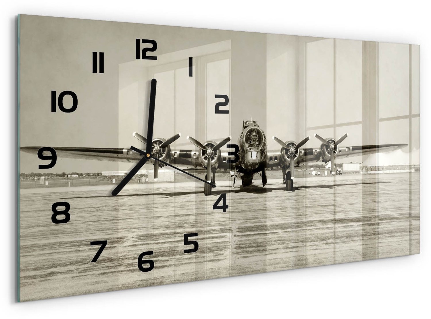TULUP Wandklok - Oude bommenwerper Klok Glas Met Opdruk - 60x30 cm - Beige Moderne Wandklok Glas - Zwarte handen - Rechthoekige Klok - Decoratieve Glazen Klok - Glazen Wandklok Design