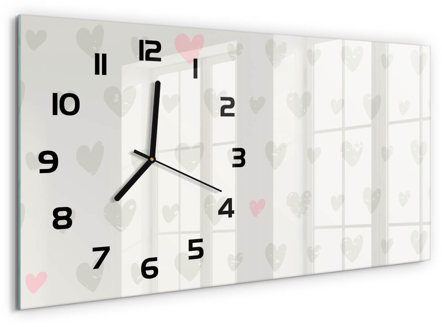 TULUP Wandklok - Hartachtergrond Wandklok Glas Met Motief - 60x30 cm - Grijs Decoratieve Glazen Klok - Zwarte handen - Rechthoekige Klok - Gekleurde Glazen Klok - Glazen Klok Met Print