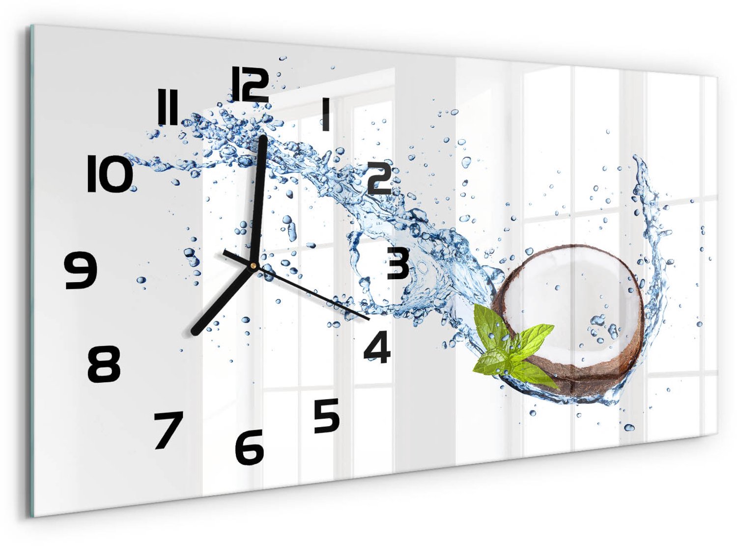 TULUP Wandklok - Kokosnoot en water Wandklok Glas Met Motief - 60x30 cm - Bruin Decoratieve Glazen Klok - Zwarte handen - Rechthoekige Klok - Gekleurde Glazen Klok - Glazen Klok Met Print