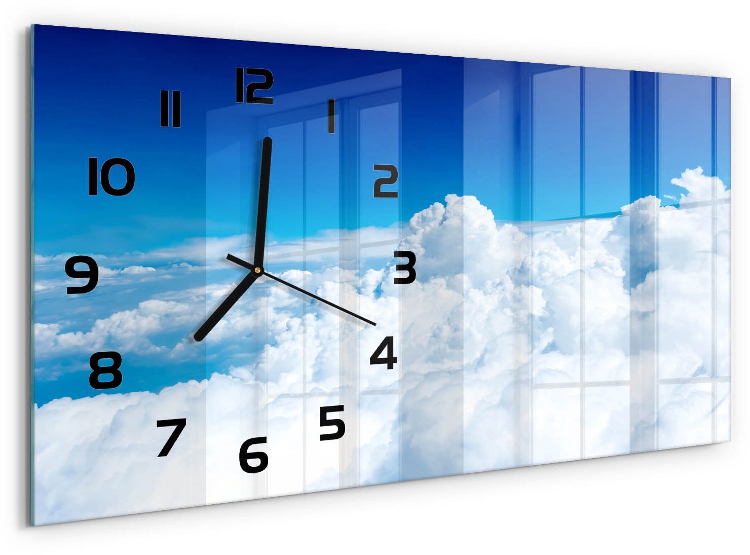 TULUP Wandklok - Vliegen boven de wolken Glazen Klok Met Print - 60x30 cm - Blauw Wandklok Glas Met Motief - Zwarte handen - Rechthoekige Klok - Wandklok Glas Decoratie - Gekleurde Glazen Klok