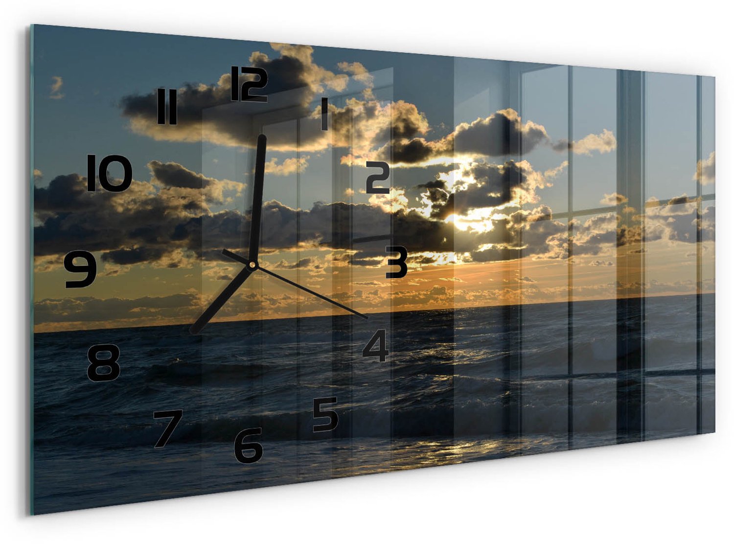 TULUP Wandklok - Zonsondergang op zee Wandklok Glas Decoratie - 60x30 cm - Geel Gekleurde Glazen Klok - Zwarte handen - Rechthoekige Klok - Klok Glas Met Opdruk - Moderne Wandklok Glas