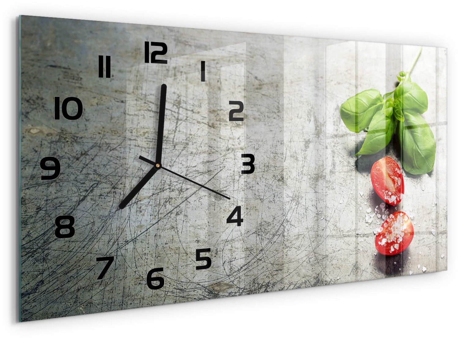 TULUP Wandklok - Tomaten en basilicum Decoratieve Glazen Klok - 60x30 cm - Rood Glazen Wandklok Design - Zwarte handen - Rechthoekige Klok - Glazen Klok Met Print - Wandklok Glas Met Motief