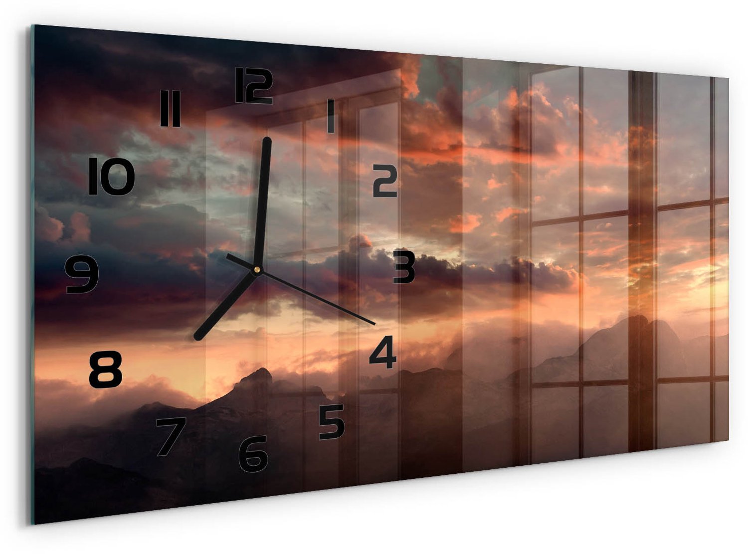 TULUP Wandklok - Bergen bij zonsondergang Klok Glas Met Opdruk - 60x30 cm - Oranje Moderne Wandklok Glas - Zwarte handen - Rechthoekige Klok - Decoratieve Glazen Klok - Glazen Wandklok Design