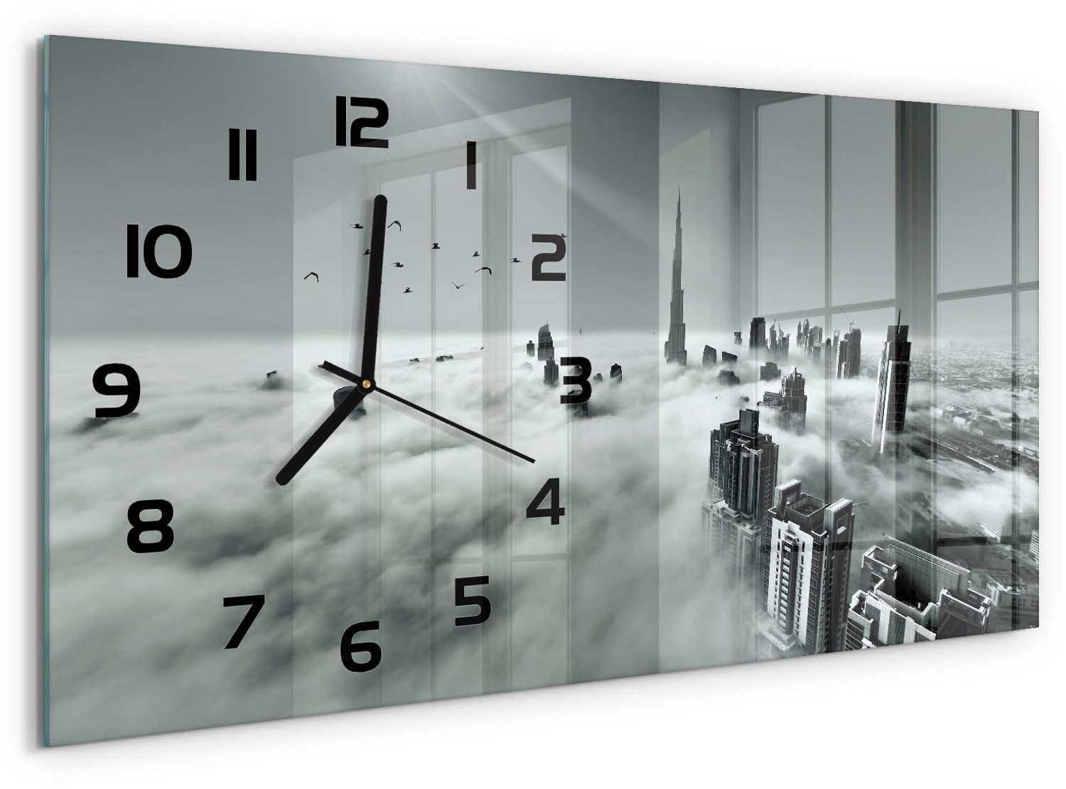 TULUP Wandklok - Mist boven Dubai Glazen Wandklok Design - 60x30 cm - Zwart-wit Klok Glas Met Opdruk - Zwarte handen - Rechthoekige Klok - Wandklok Glas Met Motief - Decoratieve Glazen Klok