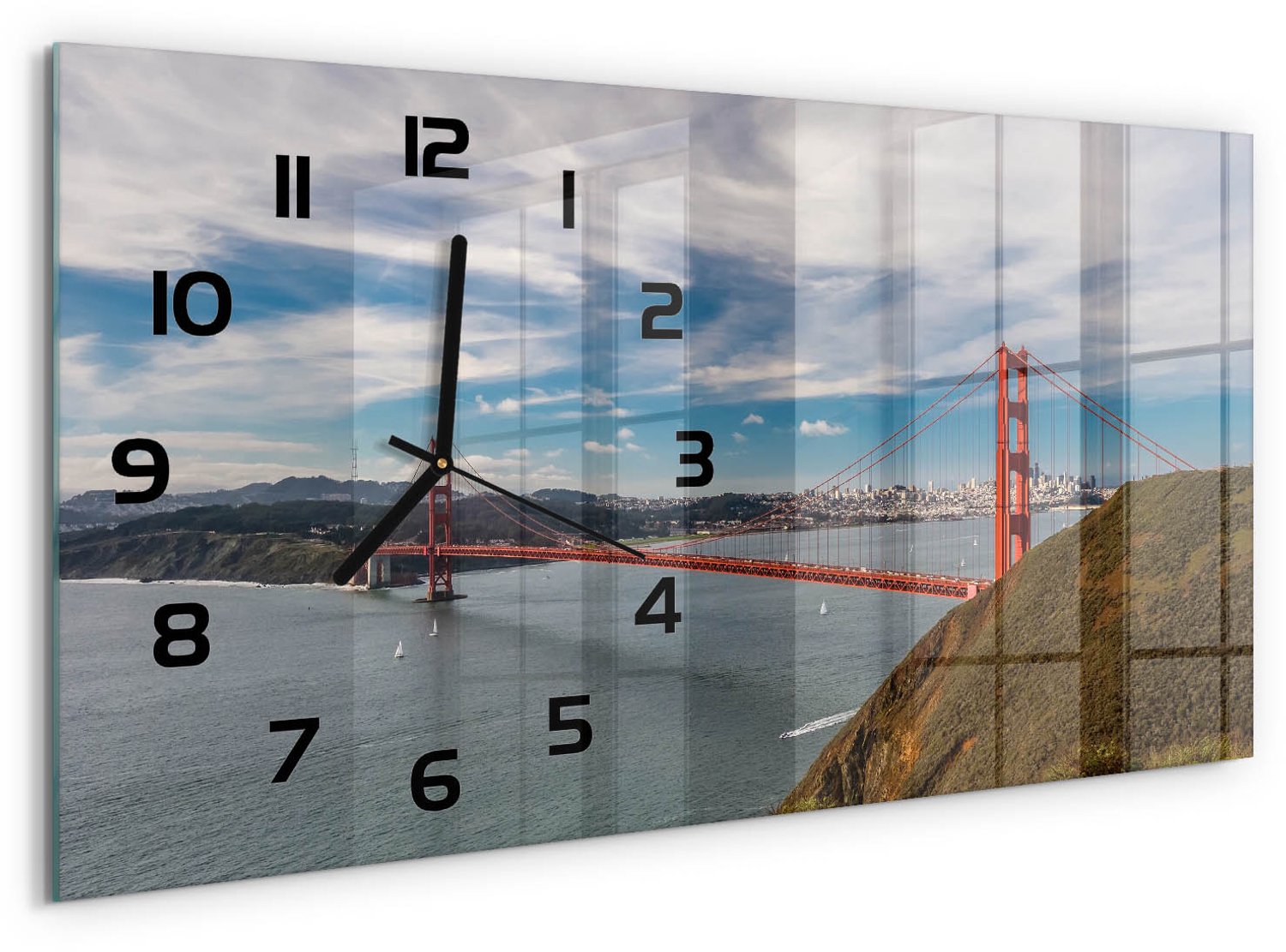 TULUP Wandklok - San Francisco-brug Glazen Wandklok Design - 60x30 cm - Veelkleurig Klok Glas Met Opdruk - Zwarte handen - Rechthoekige Klok - Wandklok Glas Met Motief - Decoratieve Glazen Klok