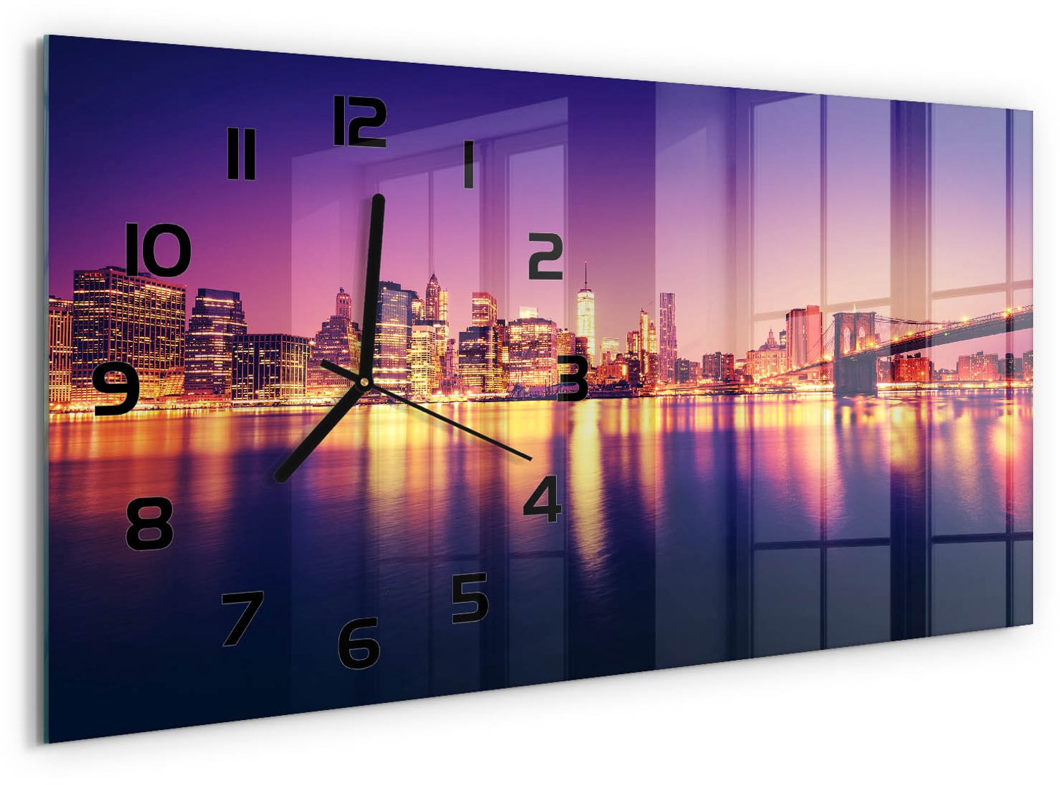TULUP Wandklok - Manhattan, New York Wandklok Glas Decoratie - 60x30 cm - Paars Gekleurde Glazen Klok - Zwarte handen - Rechthoekige Klok - Klok Glas Met Opdruk - Moderne Wandklok Glas