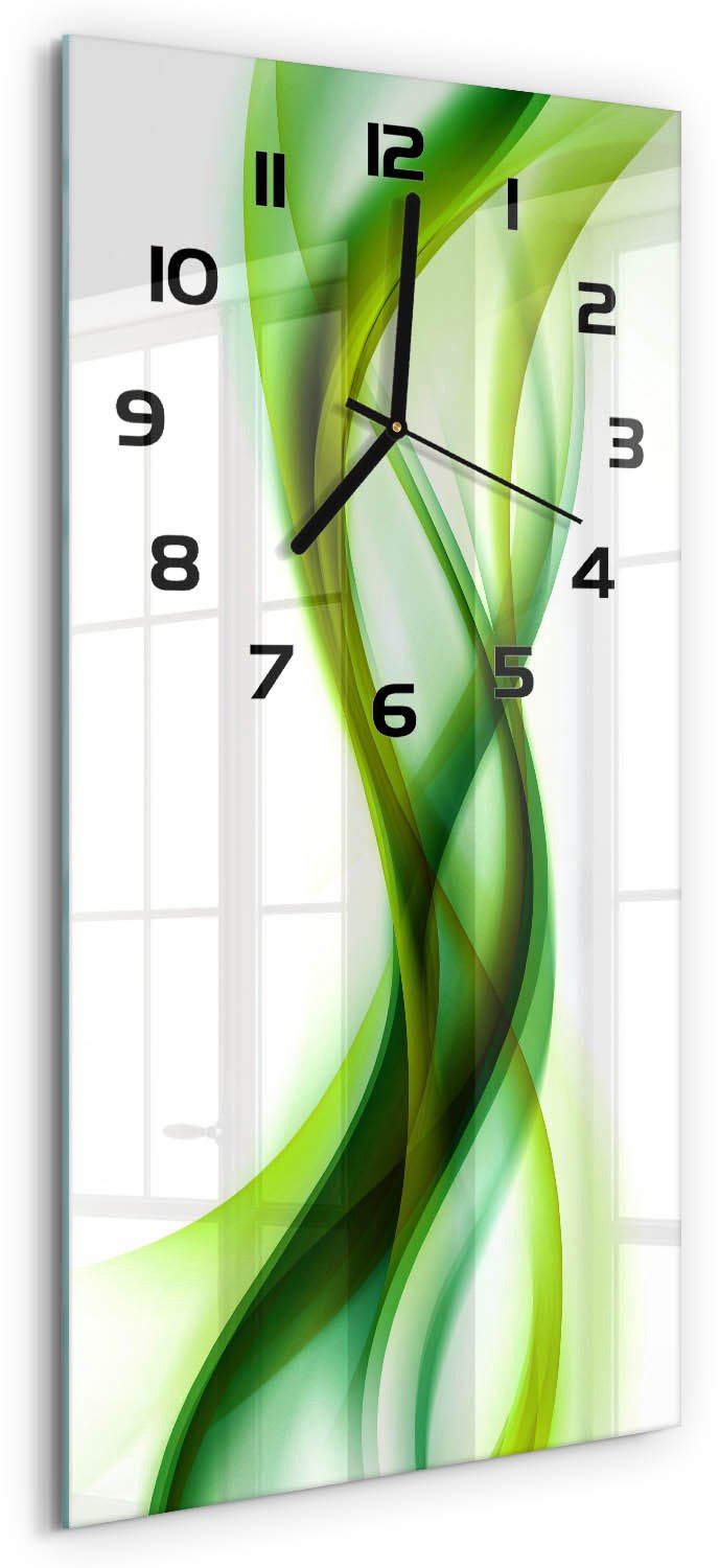 Tulup Wandklok - Golfabstractie Wandklok Glas Met Motief - 30x60 cm - Groente Decoratieve Glazen Klok - Zwarte handen - Rechthoekige Klok - Gekleurde Glazen Klok - Glazen Klok Met Print