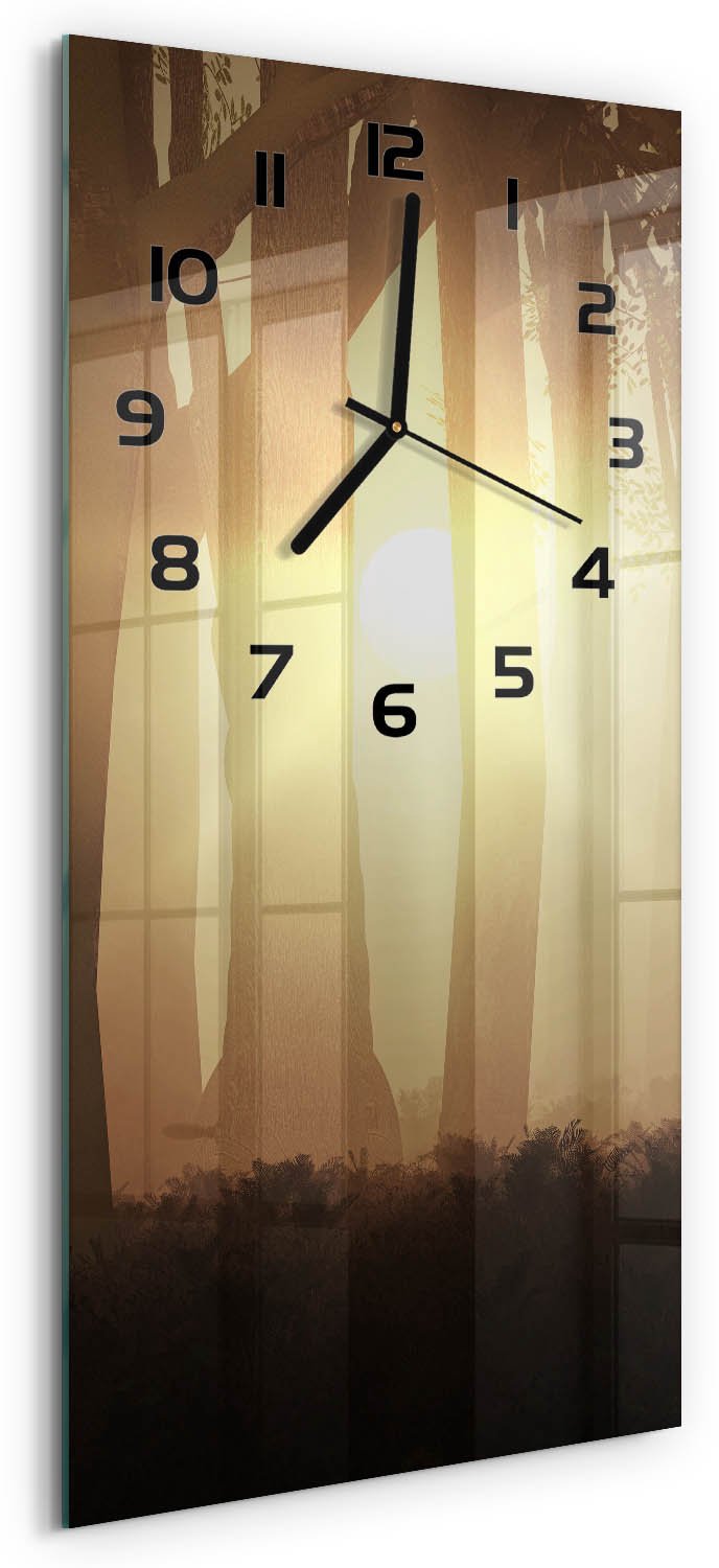 Tulup Wandklok - Mist in het bos Gekleurde Glazen Klok - 30x60 cm - Bruin Glazen Klok Met Print - Zwarte handen - Rechthoekige Klok - Moderne Wandklok Glas - Wandklok Glas Decoratie