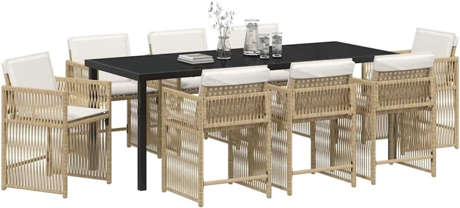 Eettafelset 9 pcs Beige poly rattan, Elegante Tuin en Terras, Modern Eetset voor Buiten, Comfortabele Stoelen, Tafel met Glasblad