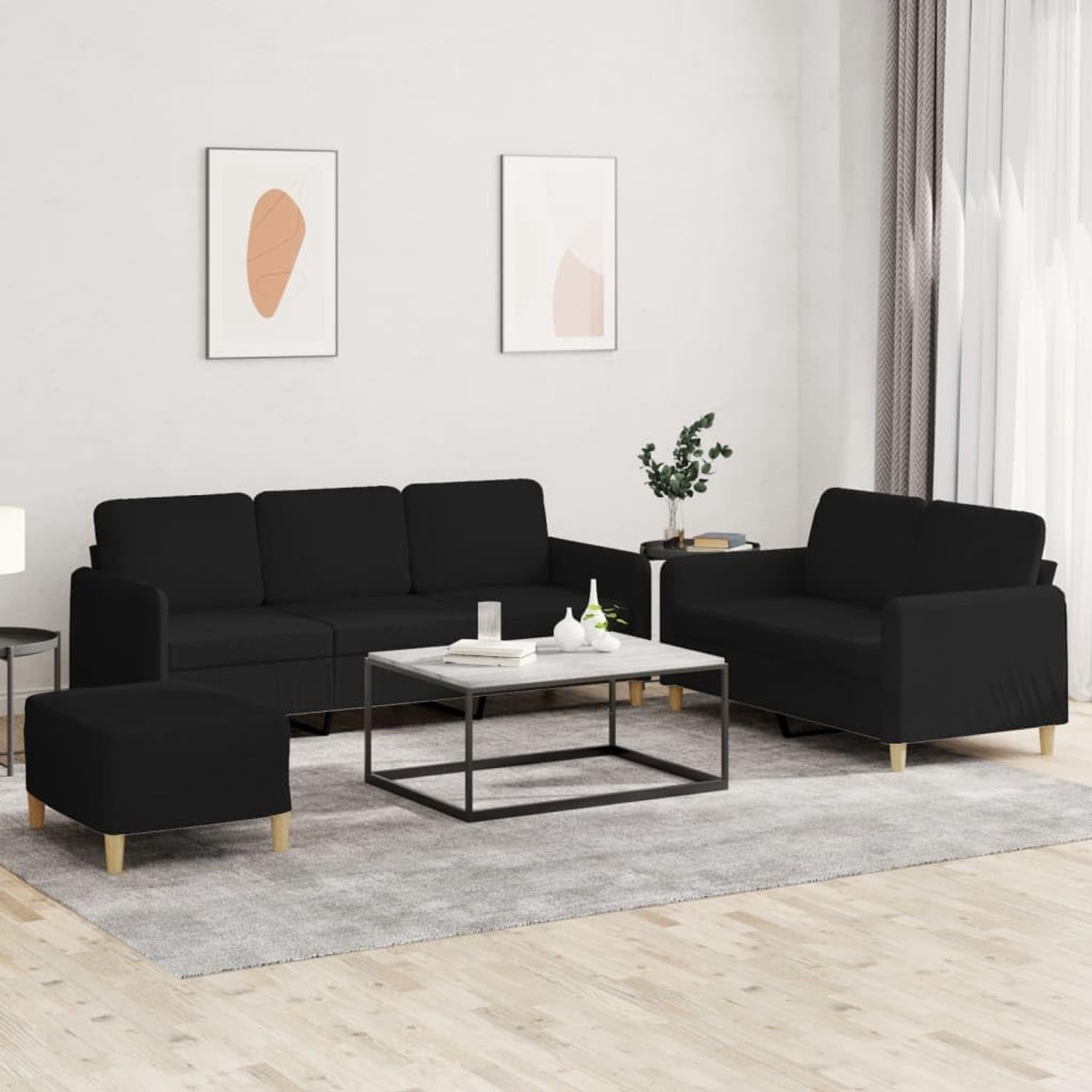 3-delige bankset met kussen, zwarte stof, bankset voor woonkamer en eetkamer, comfortabel zitmeubel met voetenbank, duurzame overtrek en robuust frame, modern