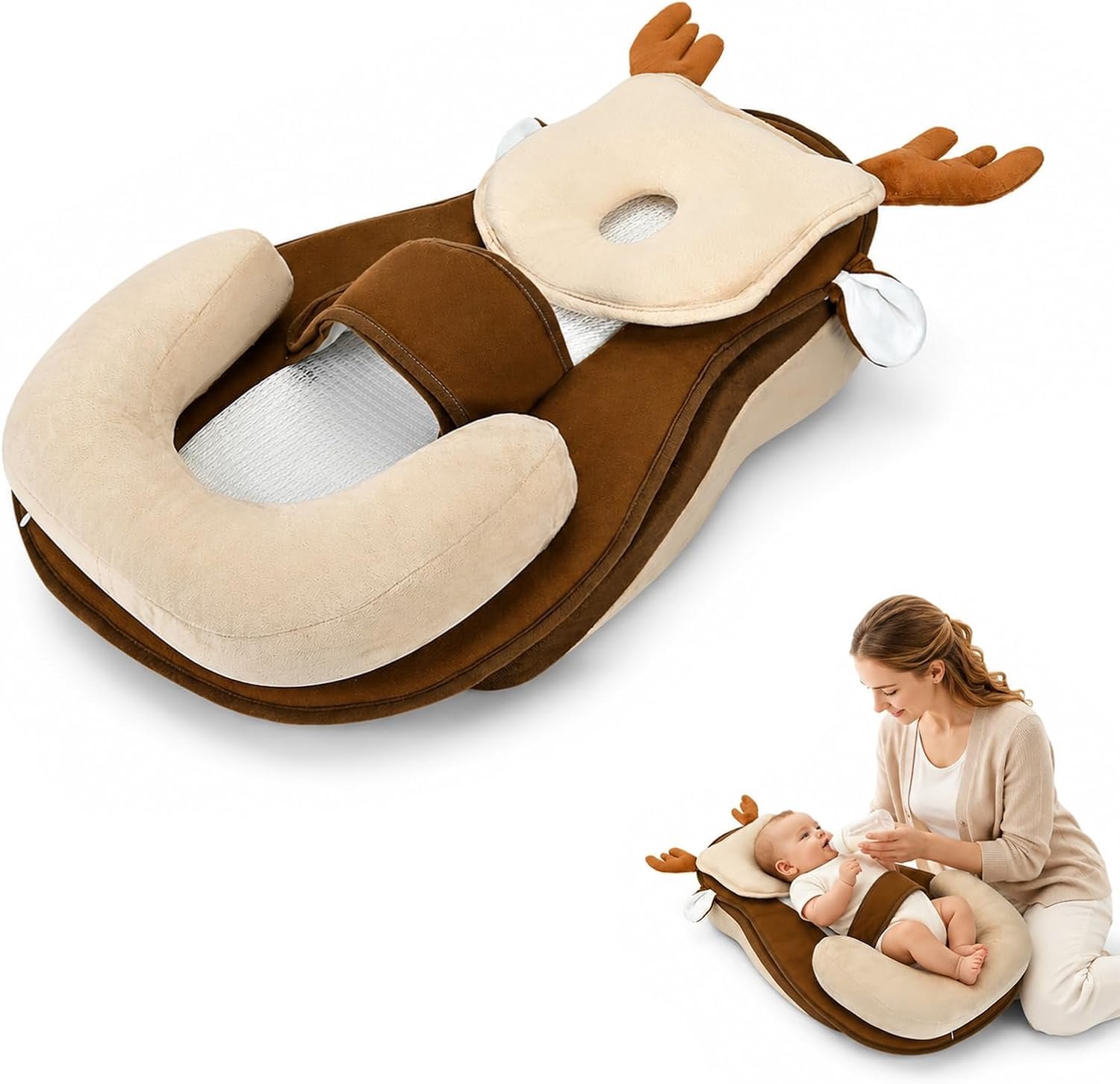 Voedingskussen voor baby's met veiligheidsomranding, flessenvoerkussen voor pasgeborenen, wigkussen voor baby's, anti-reflux met verstelbare veiligheidsgordel, ergonomisch borstvoedingskussen