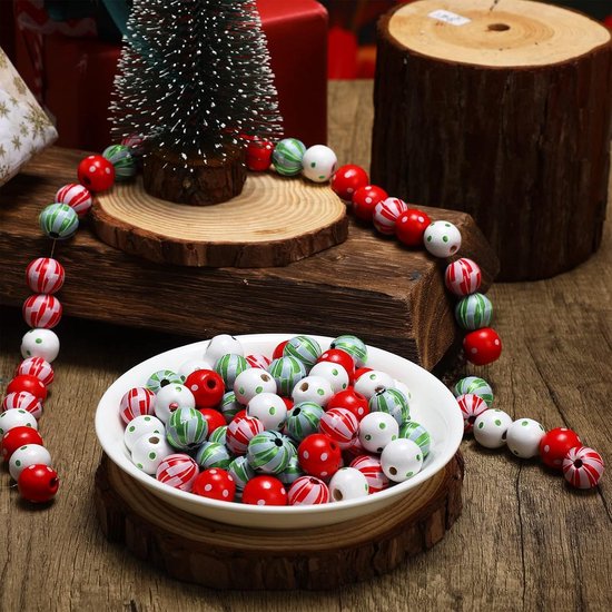100 stuks houten kerstkralen, 16 mm, kleurrijke houten kralen met henneptouw, ronde houten kralen voor kerstversiering (kleur B) — afbeelding 4