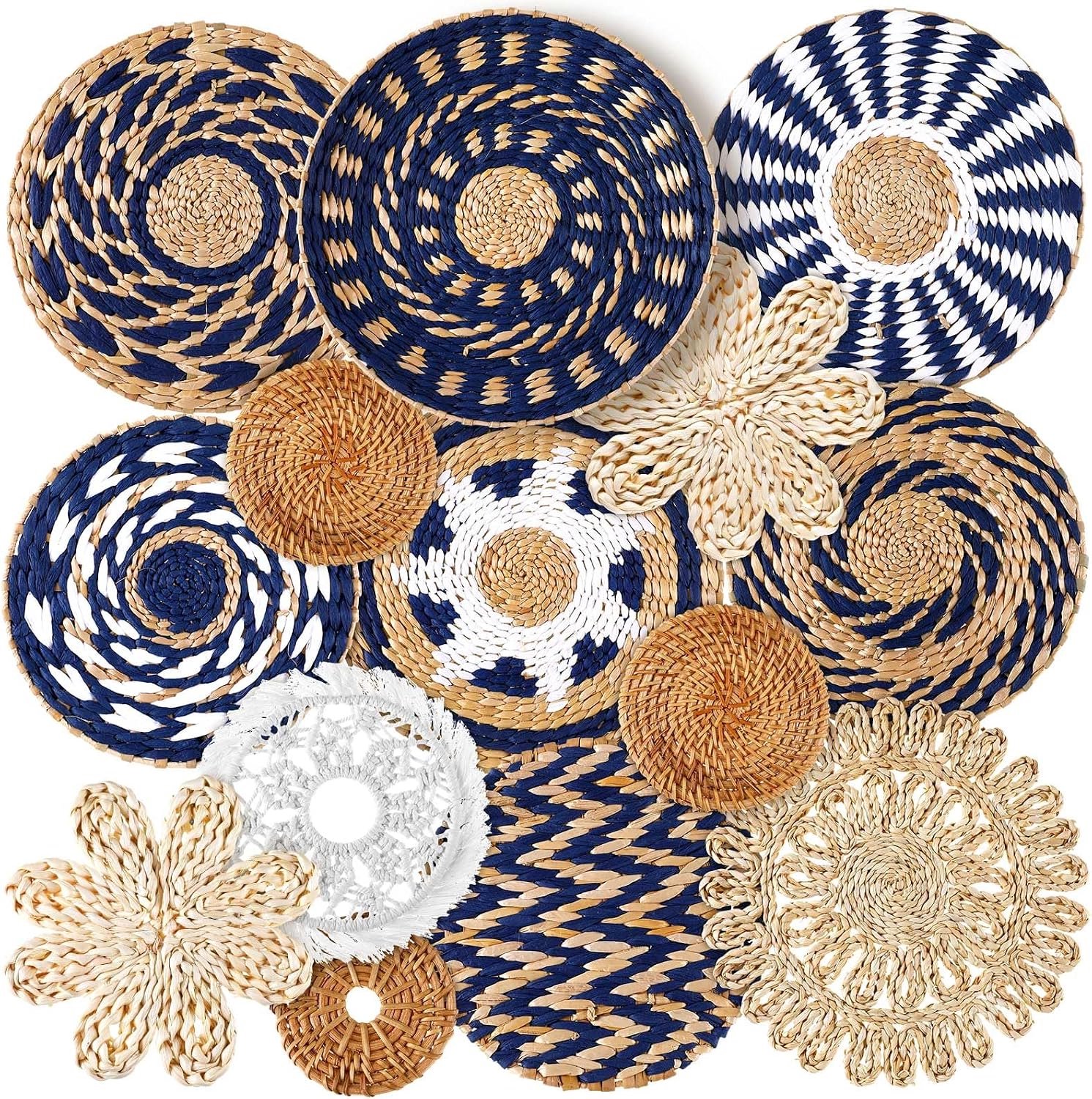 Muurmand, decoratie, handgemaakt, zeegras, geweven muurmand, rustieke, ronde, geweven kunst voor thuis, boerderij, keuken, tafel, woonkamer (blauwe klassieke stijl)