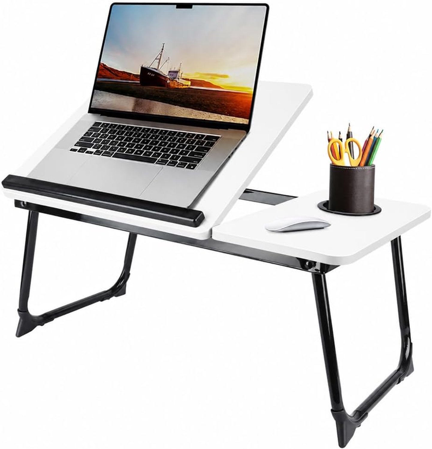 Opvouwbaar en verstelbaar, laptoptafel met kantelbaar blad, lade, bedbureau van bamboe, computerstandaard (wit, 56 x 33 x 24 cm)