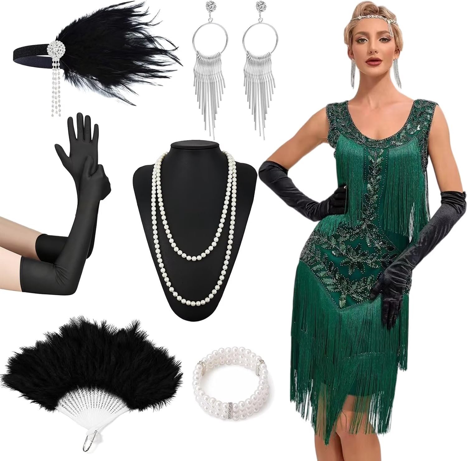20-kostuum voor dames, jaren 20-jurk, flapperjurk, pailletten en franjes, met jaren '20-jurk, accessoires voor carnavalskostuum, outfit